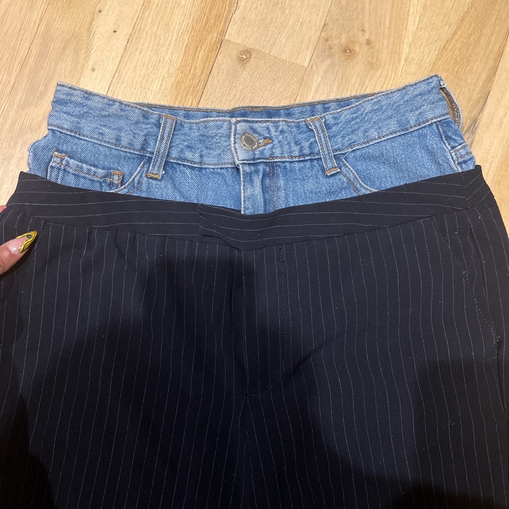 Double Waistband Denim + Pinstripe Slacks